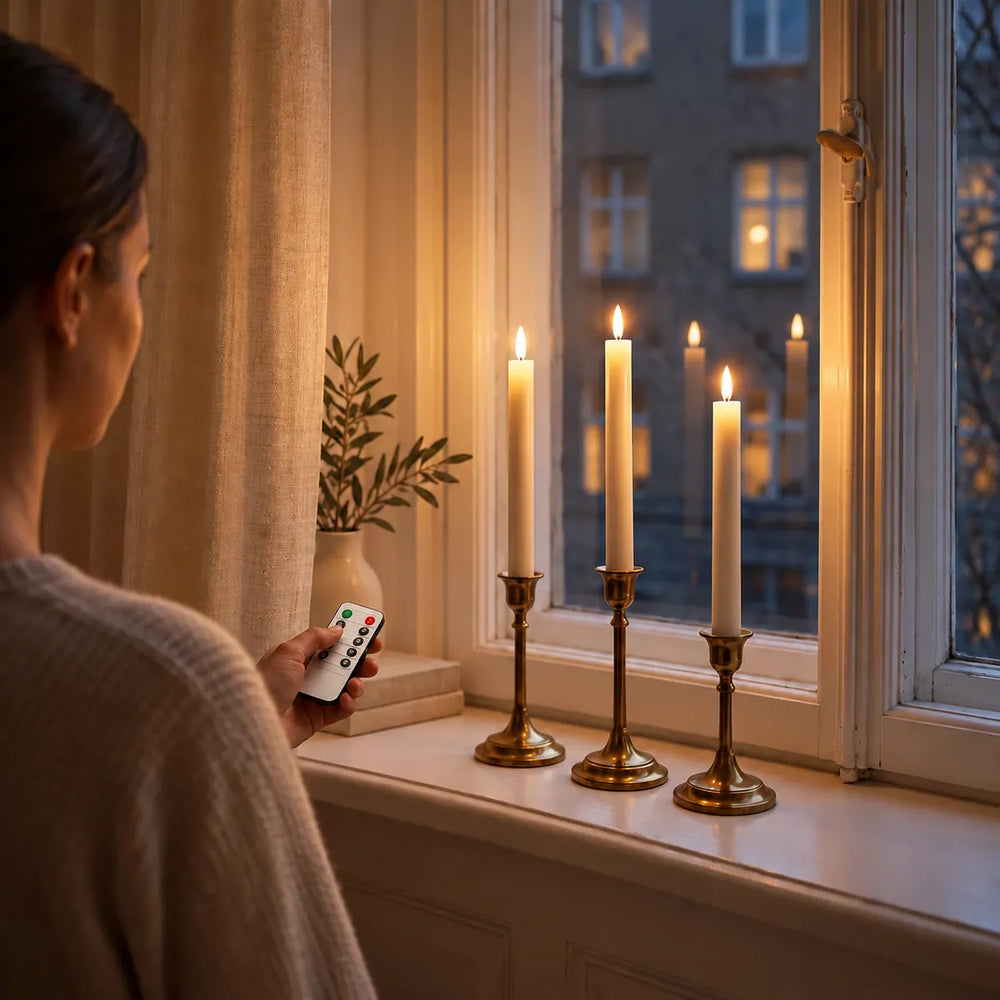 Nainen sytyttää kolme Wove Luma LED-kruunukynttilää ikkunalaudalla kaukosäätimellä talvi-iltana