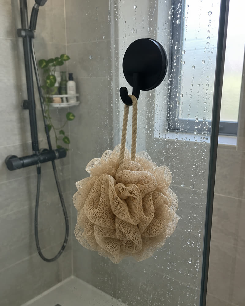Musta Wove-koukku lasisella suihkuseinällä, beige pesusieni