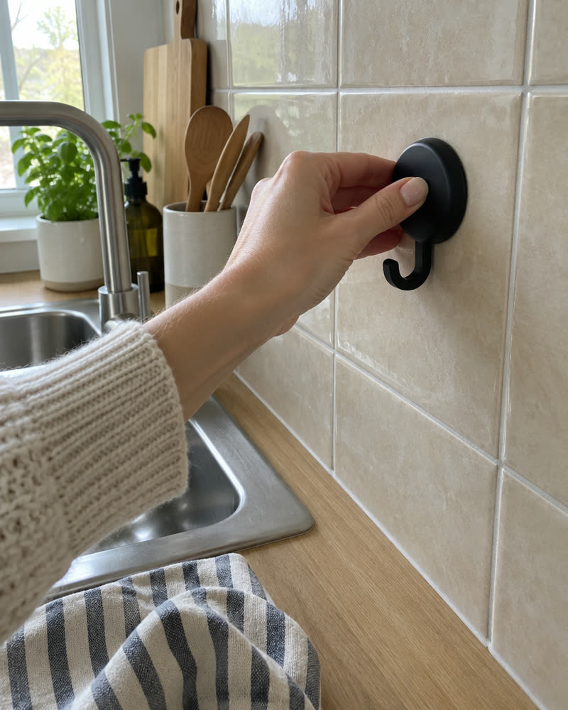 Käsi painaa mustaa Wove-koukkua beigelle keittiölaatalle