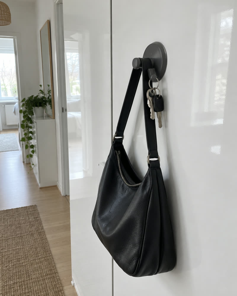 Gunmetal-värinen Wove-koukku valkoisessa vaatekaapin ovessa, musta laukku ja avaimet